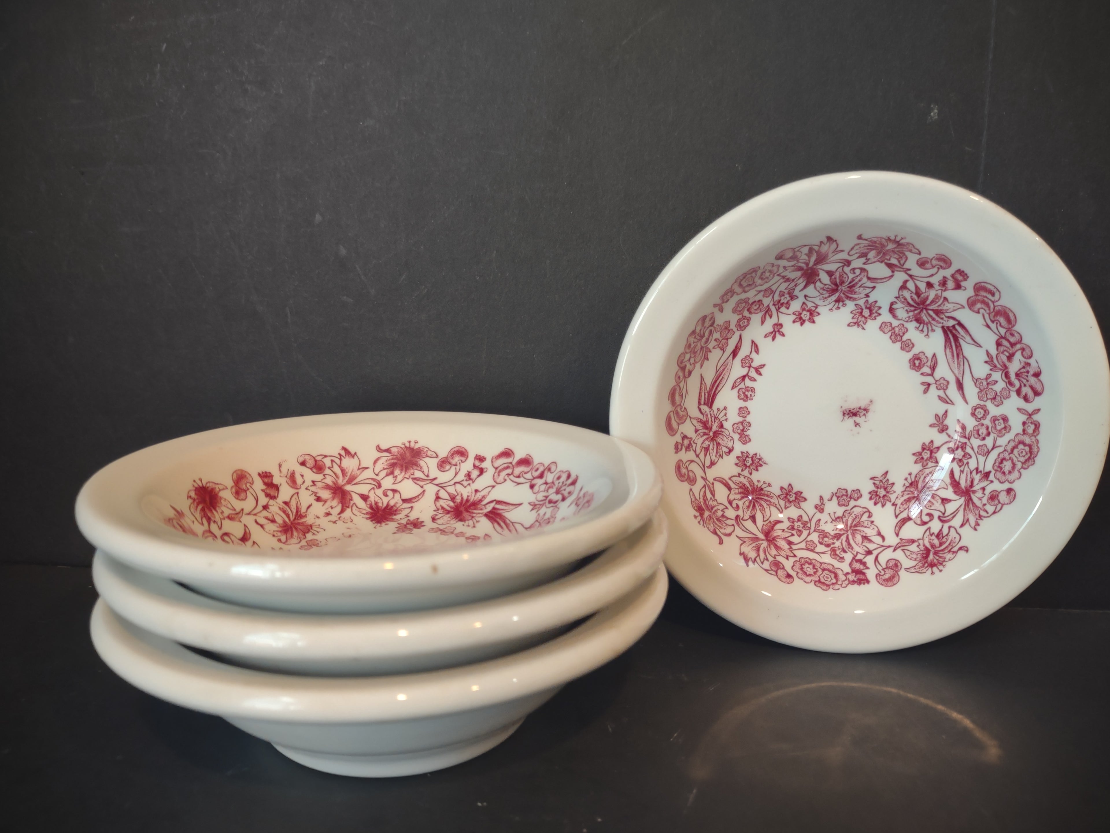 Vintage Mayer China NaroRim Delmar Pink Floral Berry Bowls Set of 4 [7145]