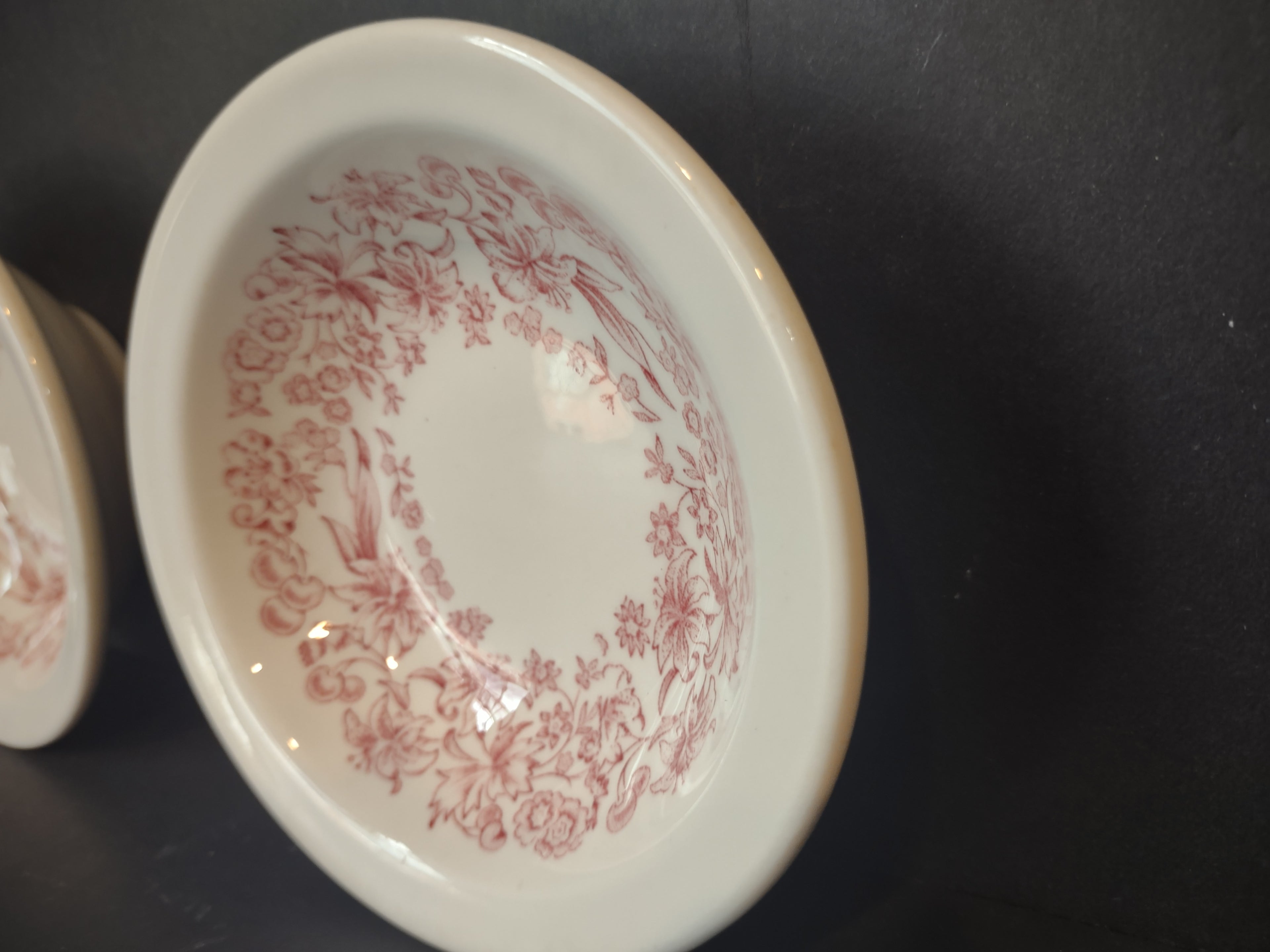 Vintage Mayer China Delmar Pink Floral Transferware Berry Bowls Set of 2 [7147]