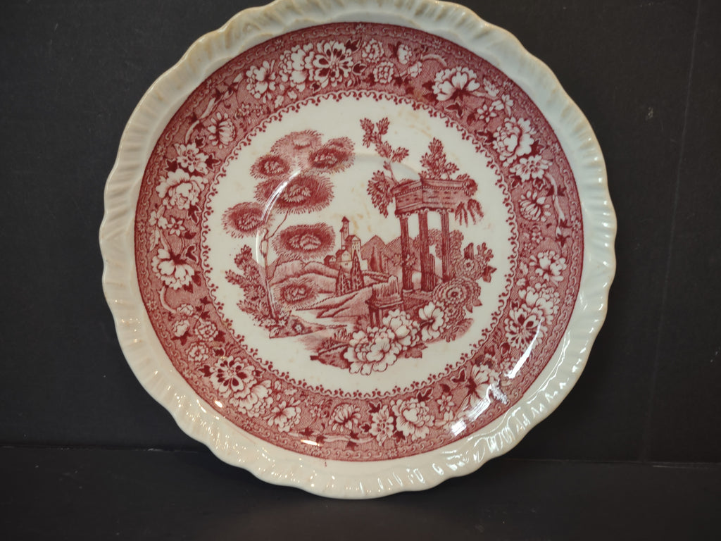 Vintage Tudor Rose Red Scenic Transferware Scalloped Plate England IMPERFECT [7148]