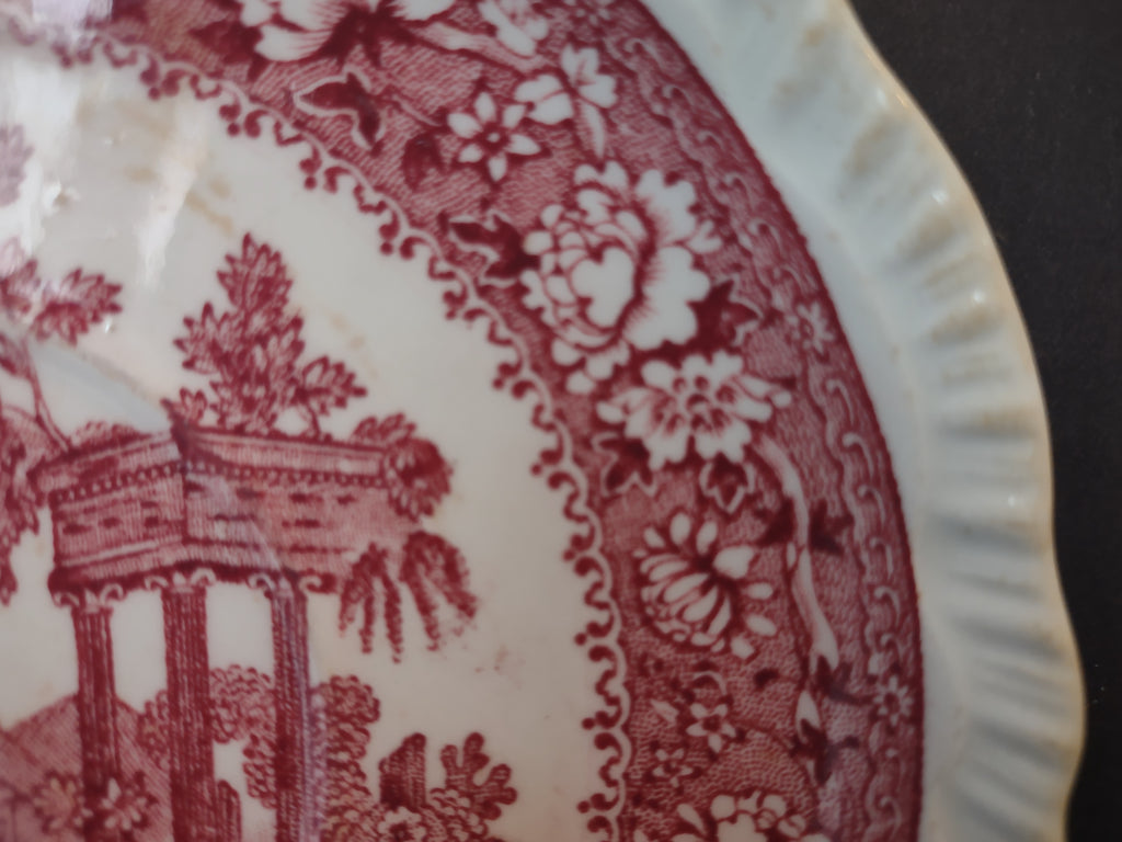 Vintage Tudor Rose Red Scenic Transferware Scalloped Plate England IMPERFECT [7148]