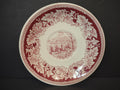 Side measurement view of Vintage Homer Laughlin Currier & Ives red transferware saucer showing approximately 6 inch diameter