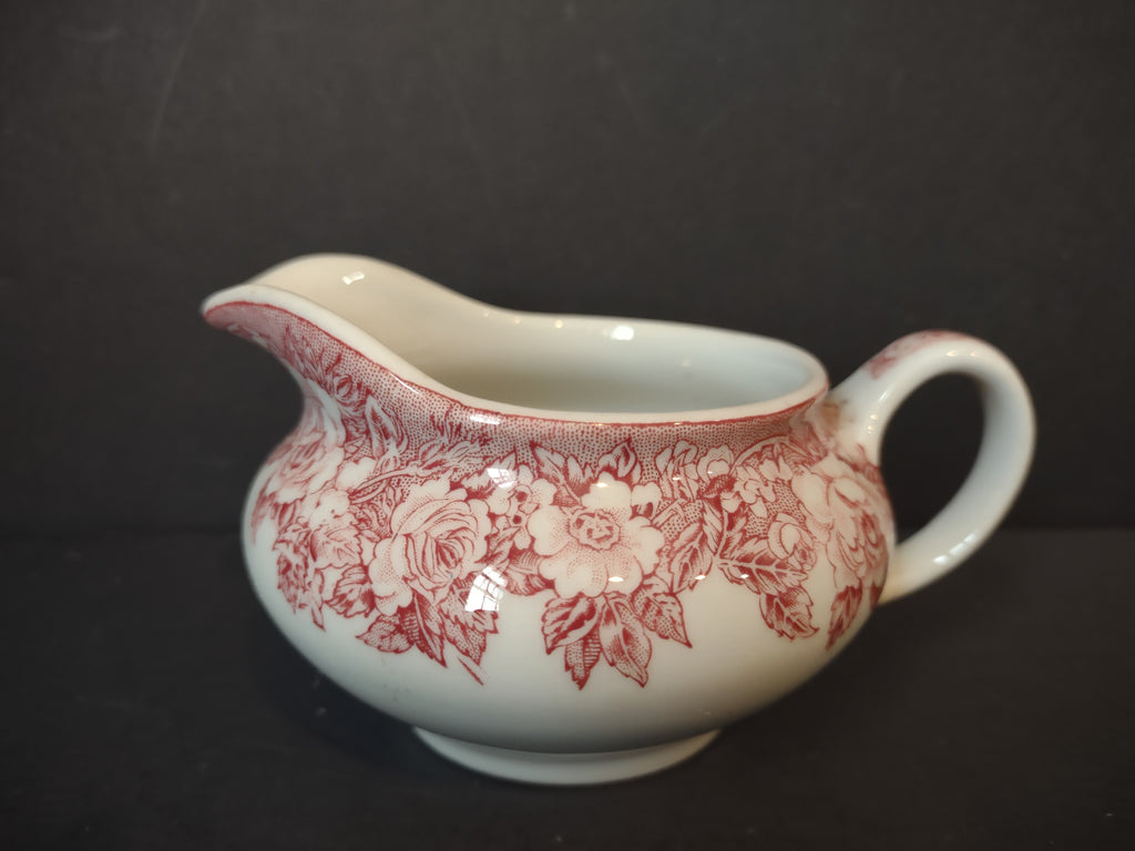 Vintage Red Transferware Rose Garland Gravy Boat Creamer [7151]