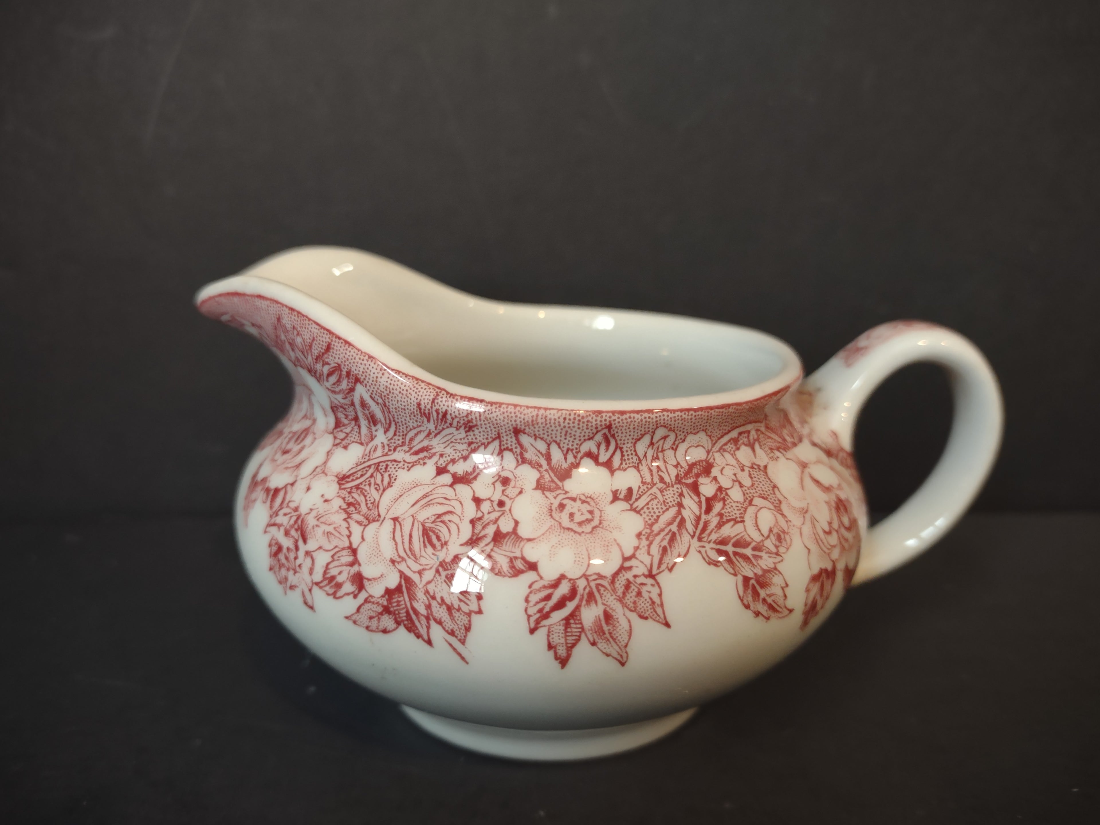 Vintage Red Transferware Rose Garland Gravy Boat Creamer [7151]
