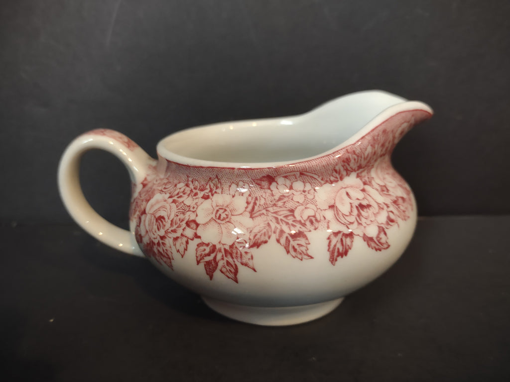 Vintage Red Transferware Rose Garland Gravy Boat Creamer [7151]