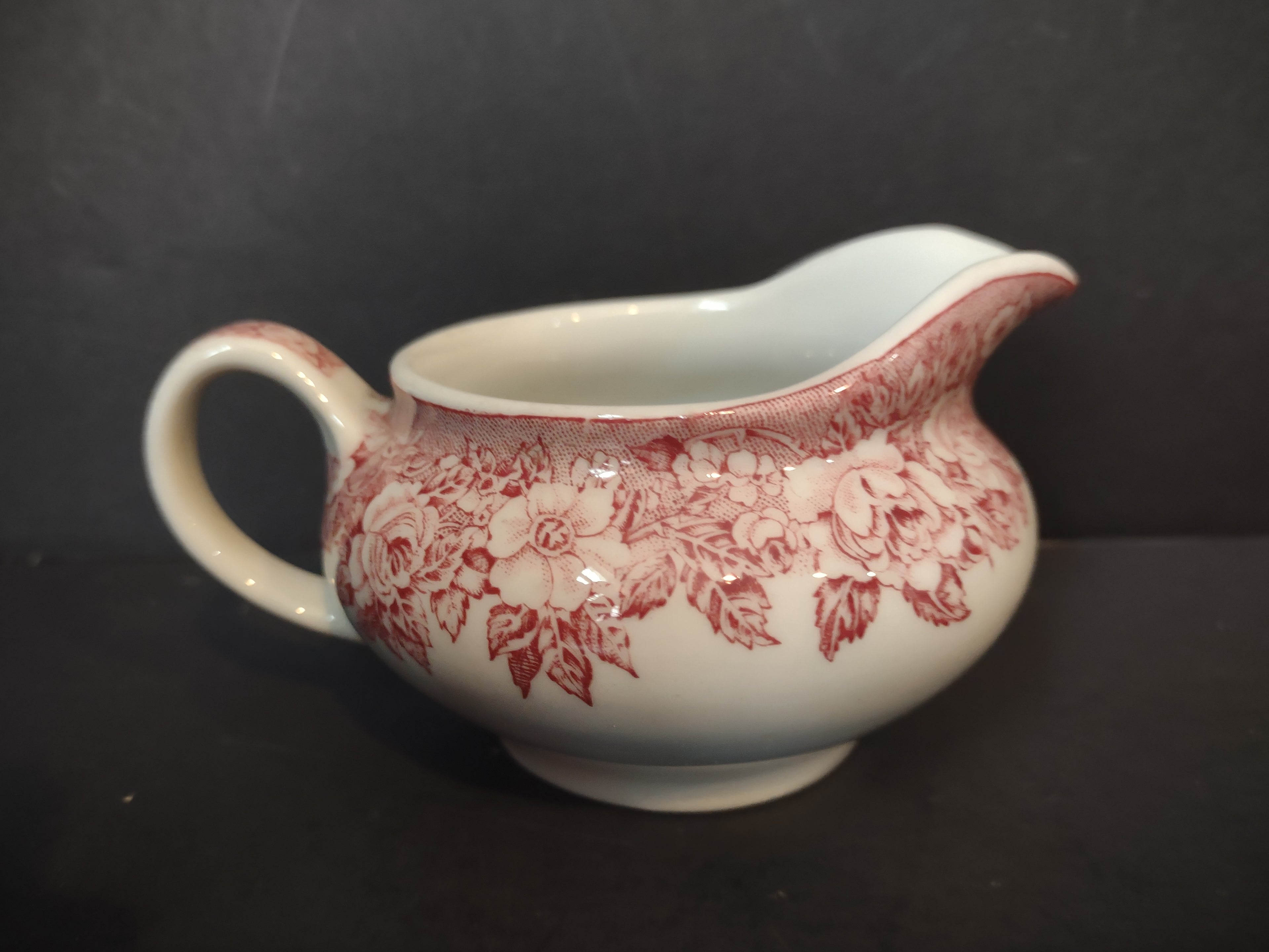 Vintage Red Transferware Rose Garland Gravy Boat Creamer [7151]