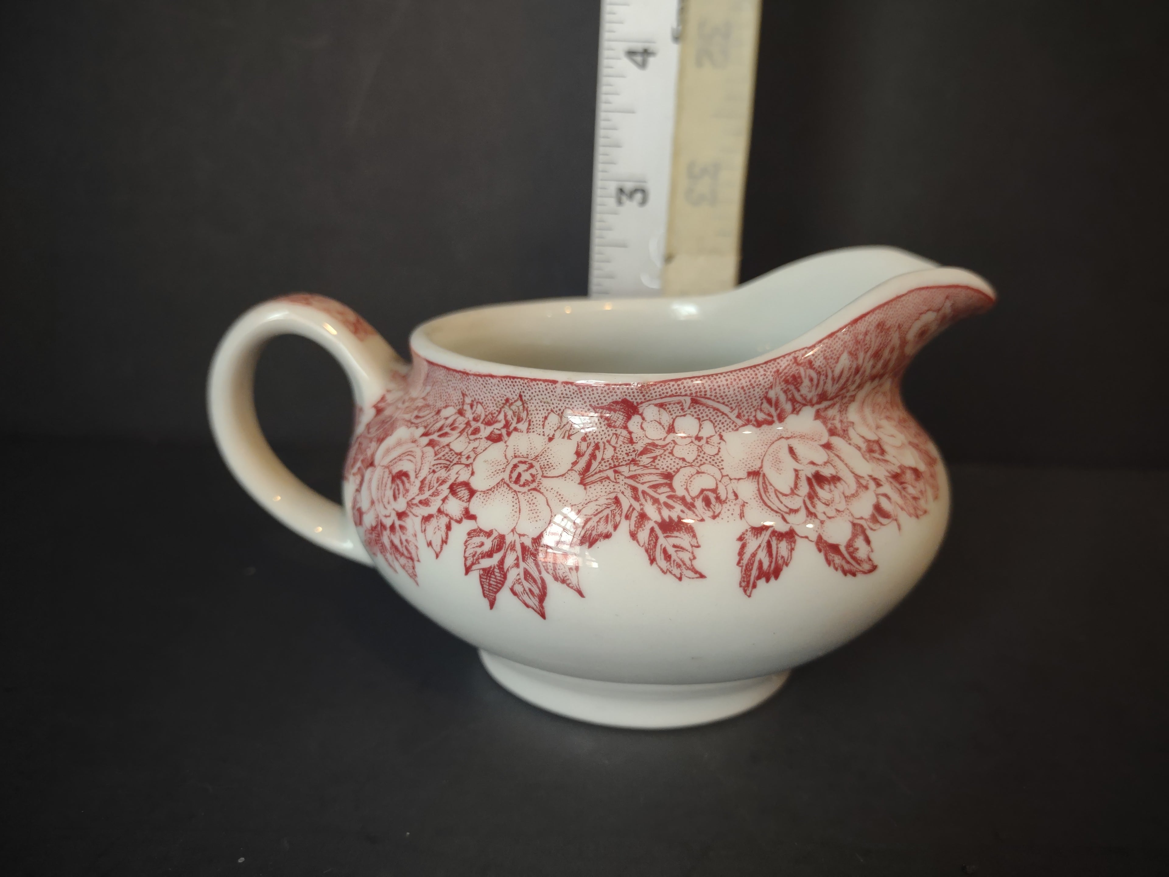 Vintage Red Transferware Rose Garland Gravy Boat Creamer [7151]