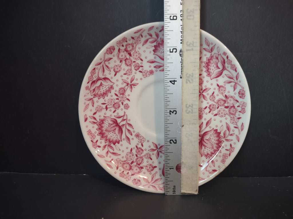 Vintage Syracuse Carefree True China Mayflower Red Floral Saucer - front view showing cranberry chintz floral pattern