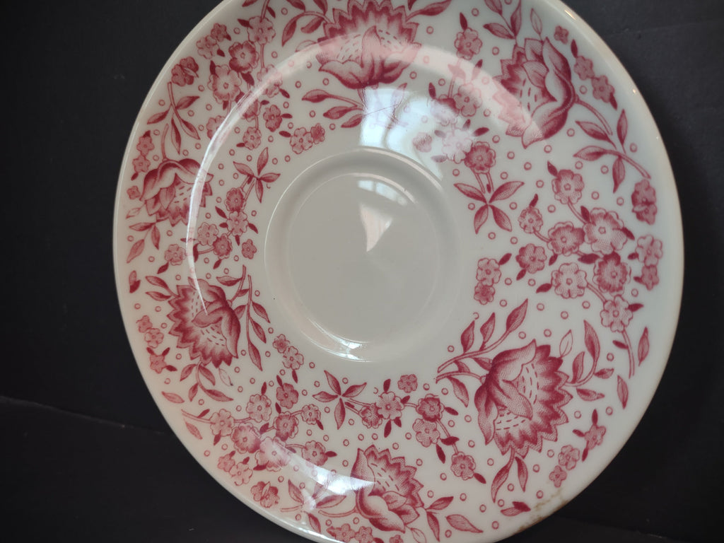 Vintage Syracuse Carefree True China Mayflower Red Floral Saucer - backstamp showing Carefree True China by Syracuse Mayflower