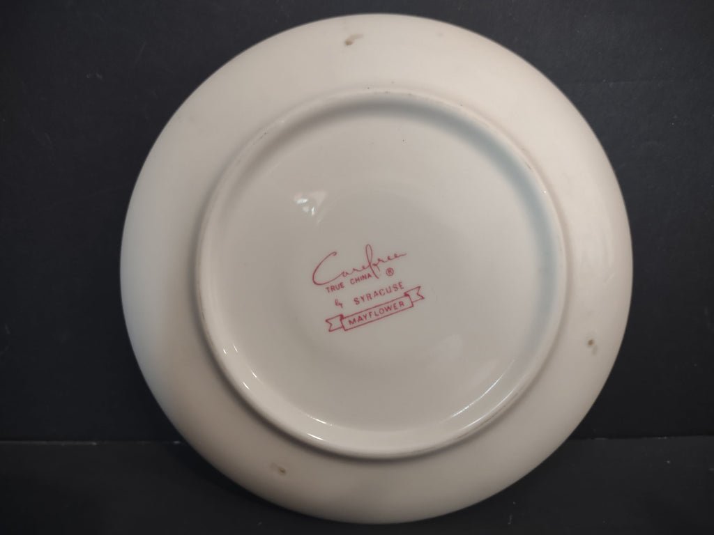 Vintage Syracuse Carefree True China Mayflower Red Floral Saucer - angled view showing floral detail and cup well