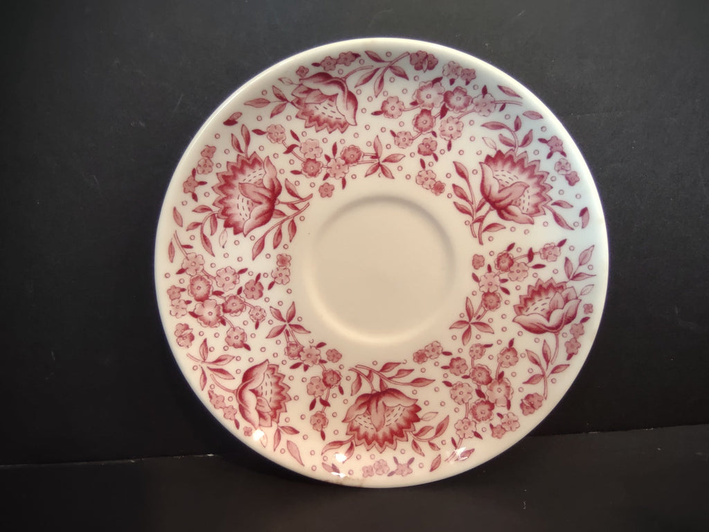 Vintage Syracuse Carefree True China Mayflower Red Floral Saucer - size measurement showing approximately 6 inches