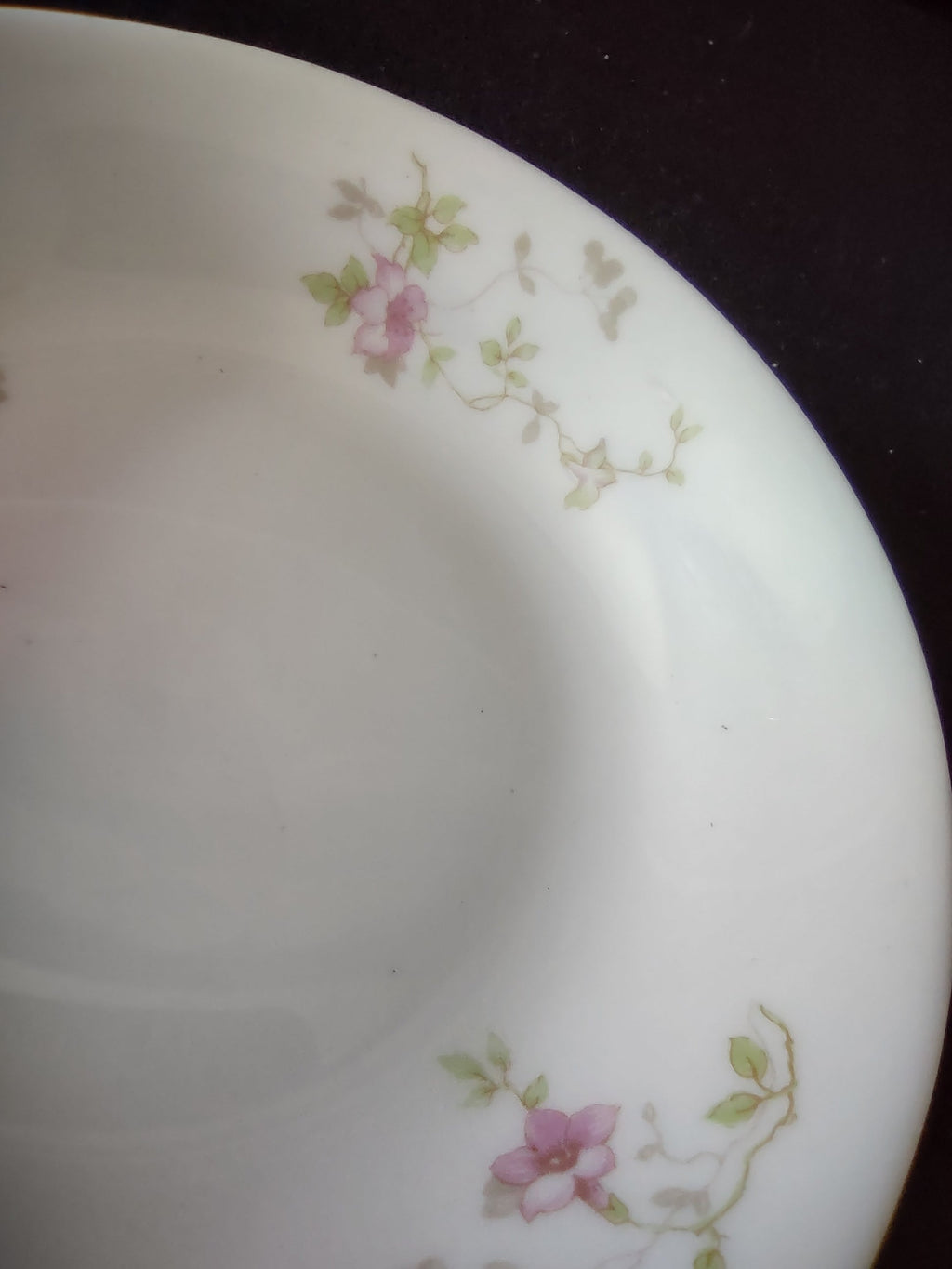 Side view of O.P. Co. Syracuse China pink floral berry bowl showing depth