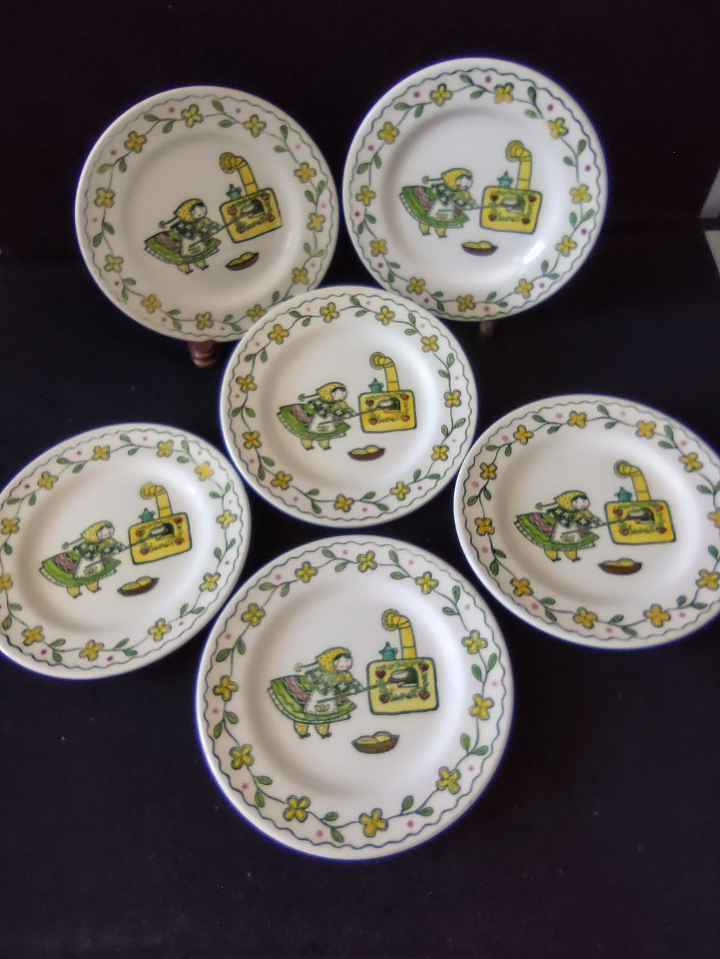 Vintage Metlox Poppytrail Happy Time Folk Art Girl Plates Set of 6 [7130]