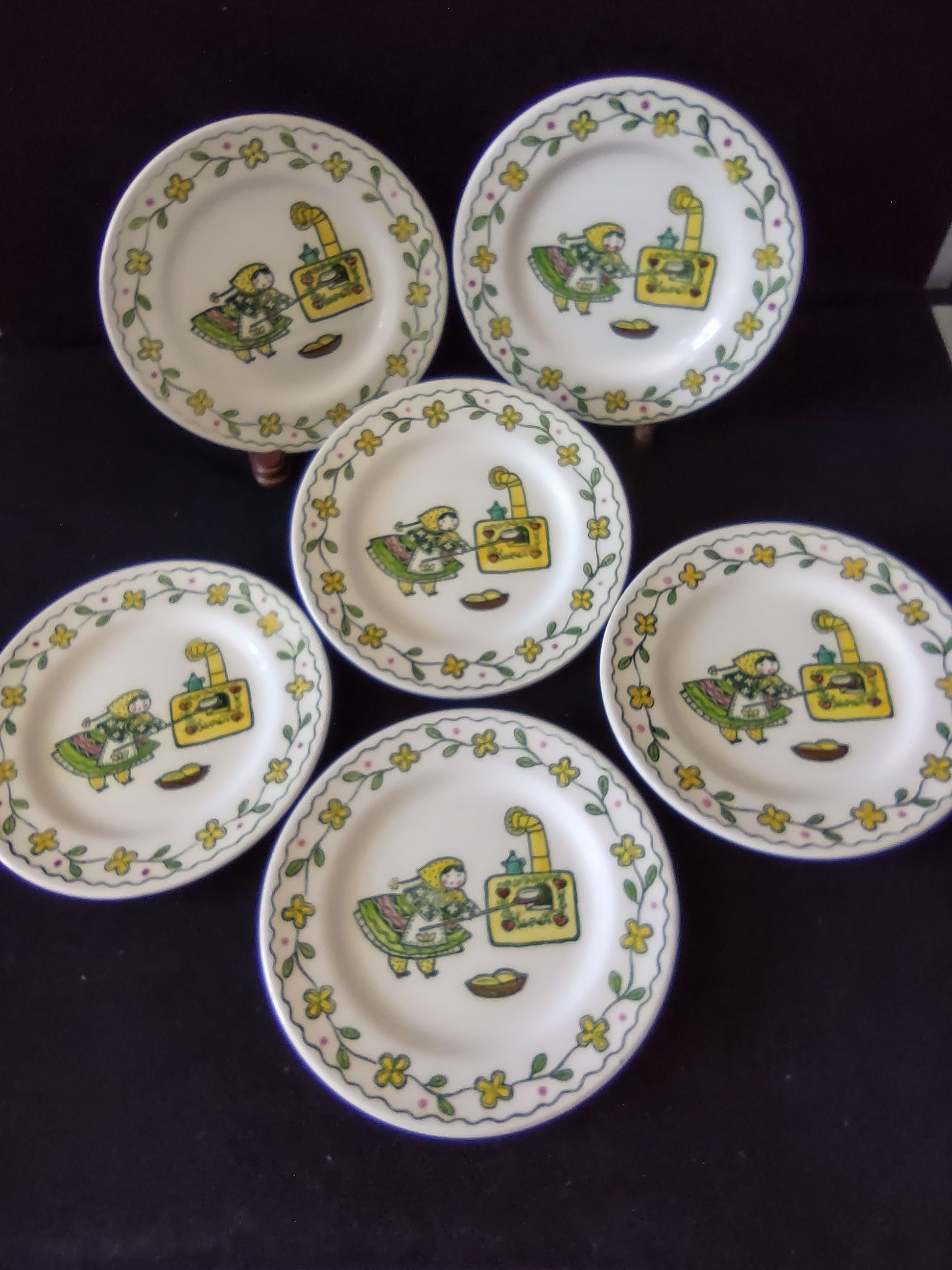 Vintage Metlox Poppytrail Happy Time Folk Art Girl Plates Set of 6 [7130]