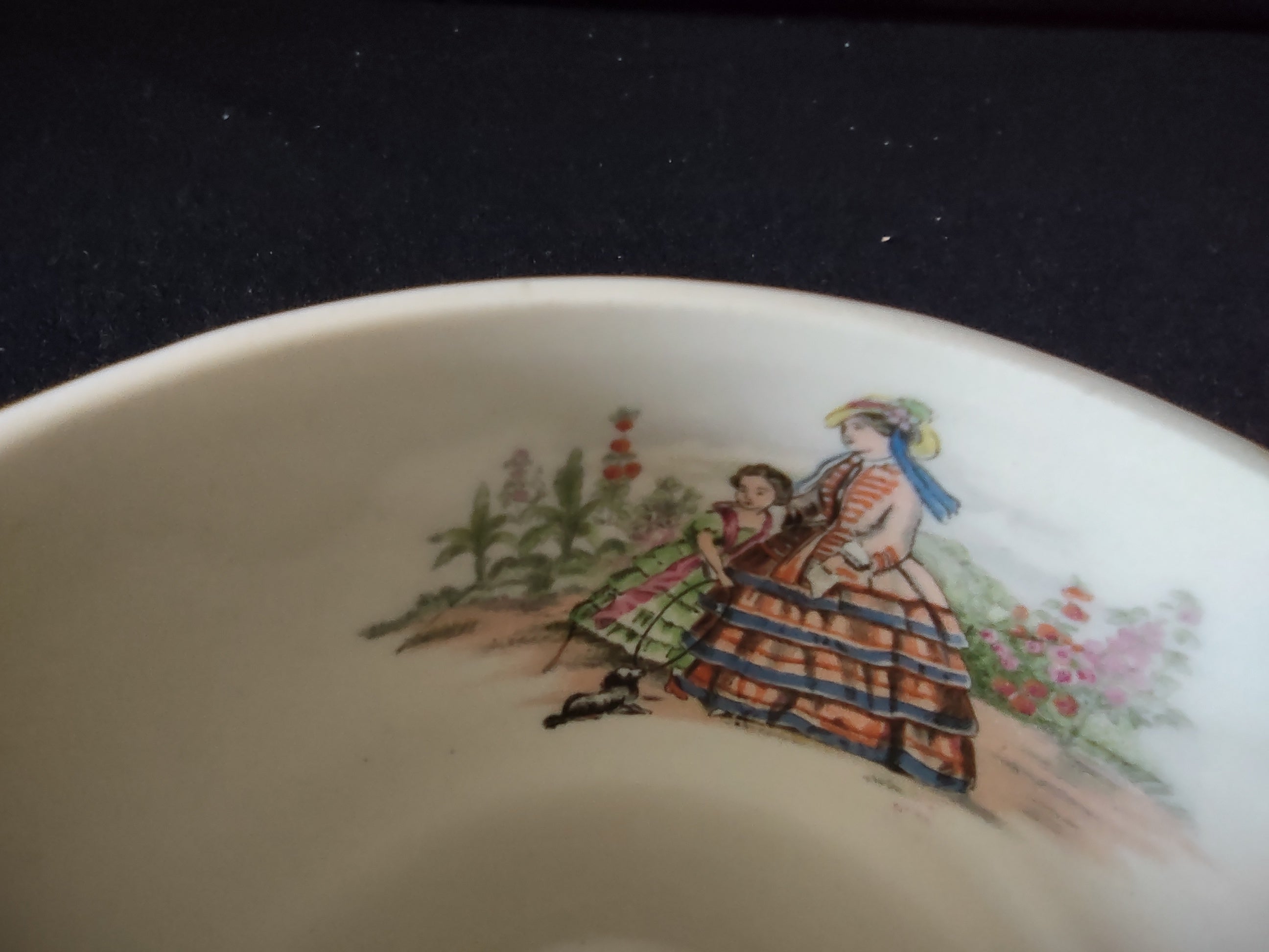 Vintage Salem China Godey Prints Creamer - angled top view showing interior figure scene and handle