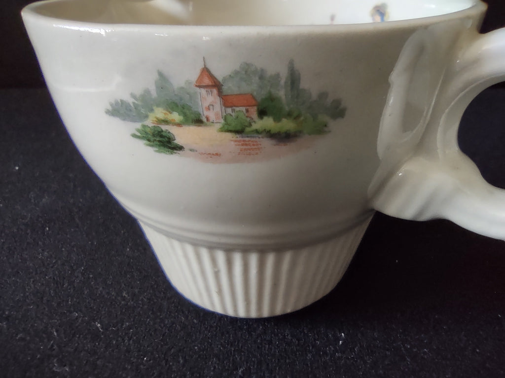 Vintage Salem China Godey Prints Creamer - side view showing cottage scene and ribbed base