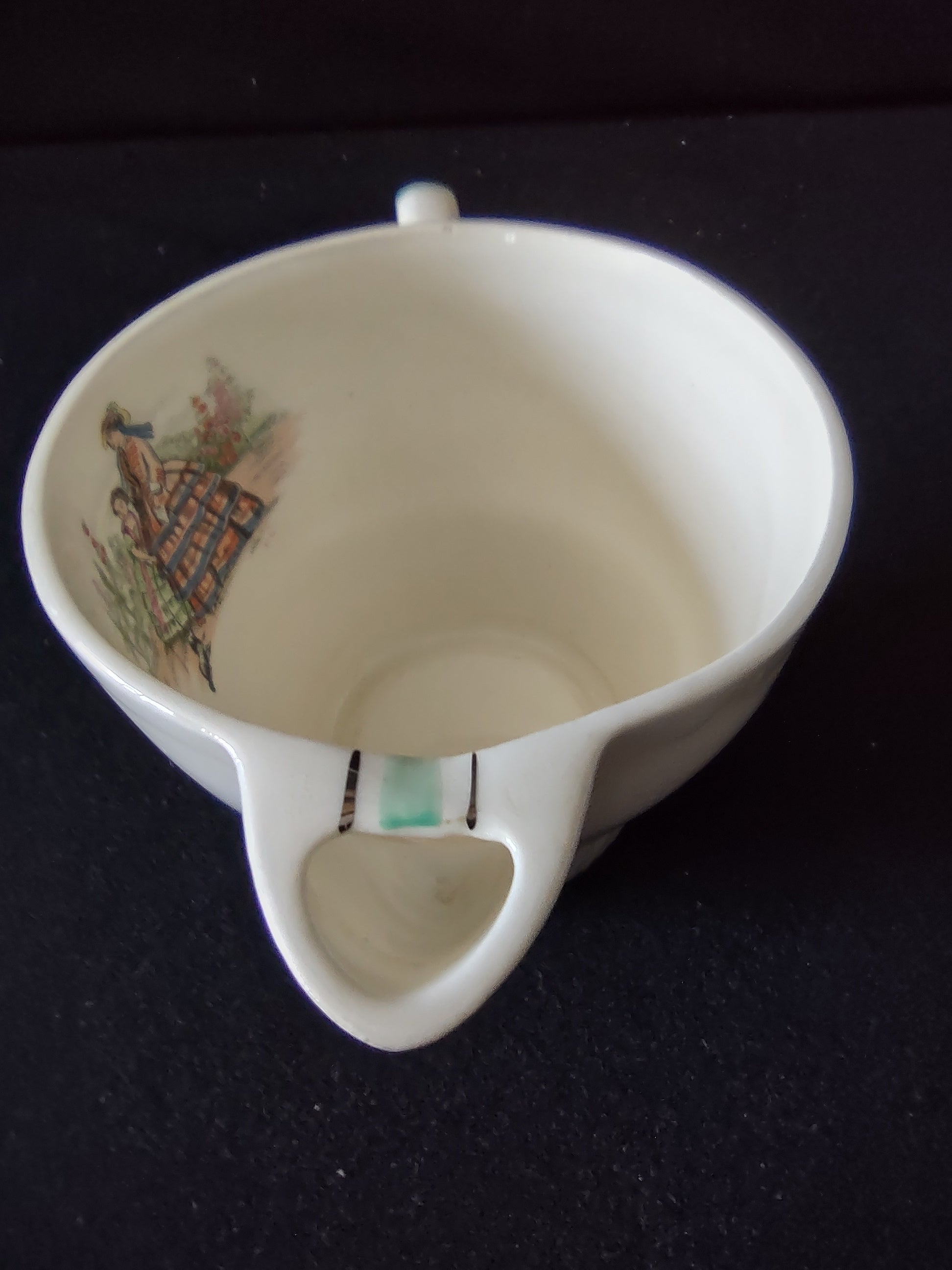 Vintage Salem China Godey Prints Creamer - exterior side view showing cottage scene and ribbed lower body