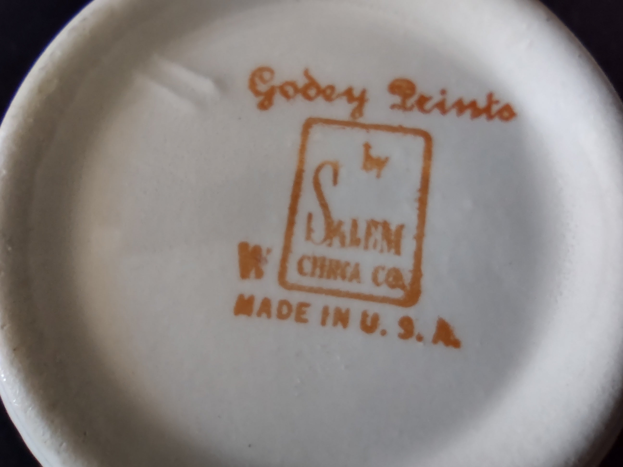 Vintage Salem China Godey Prints Creamer - interior view showing Victorian lady and child in garden scene