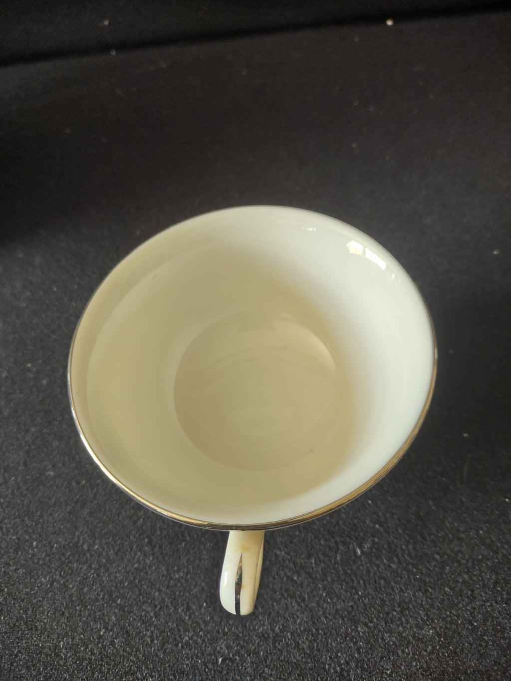 Vintage Cathedral Fine China footed teacup interior view showing platinum rim