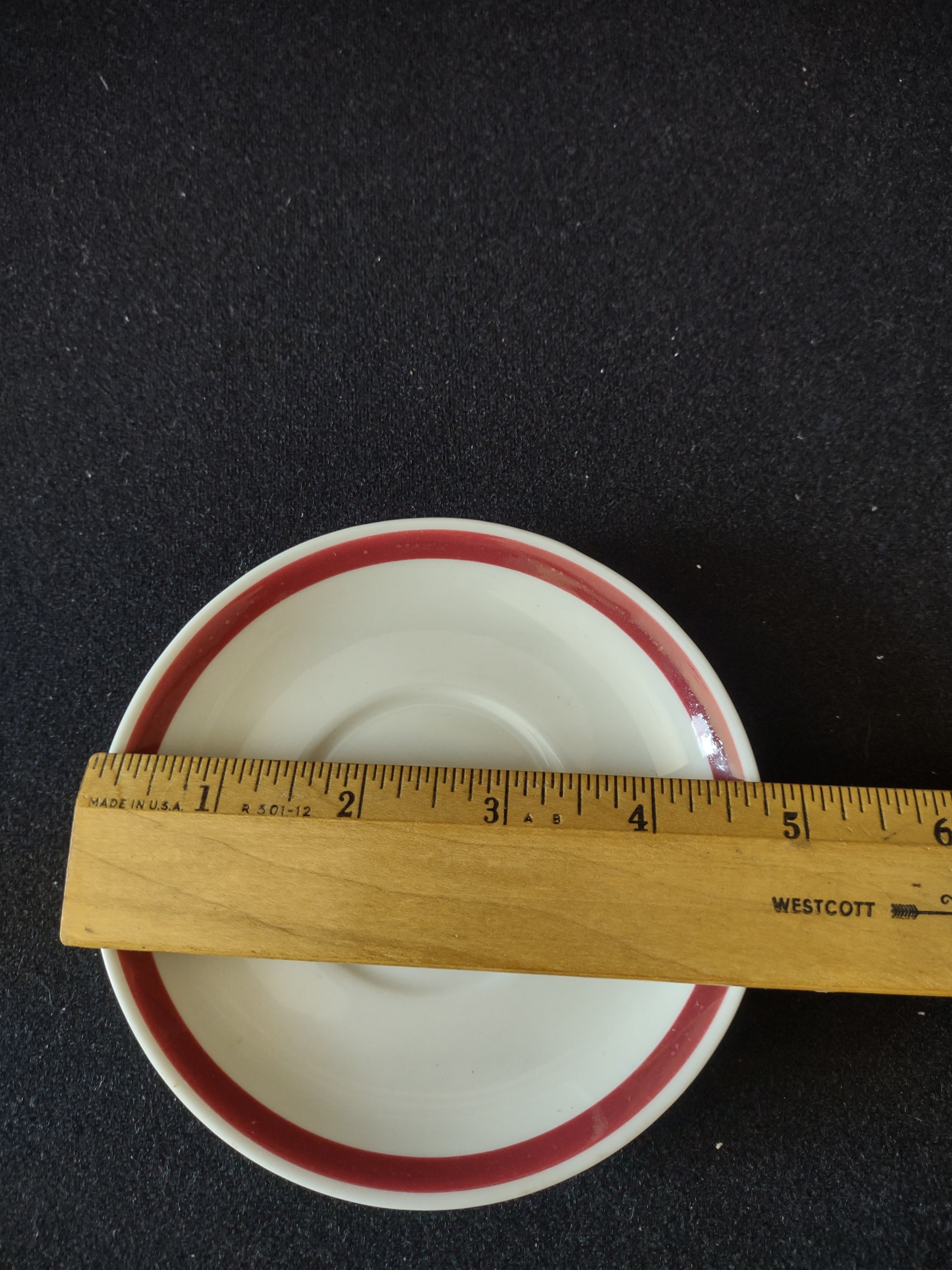 Vintage Jackson China Waldhorn burgundy stripe saucer with ruler showing approx 4.5 inch diameter