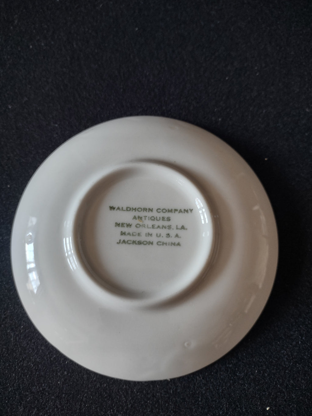 Backstamp bottom view: Waldhorn Company Antiques New Orleans LA, Jackson China Made in USA