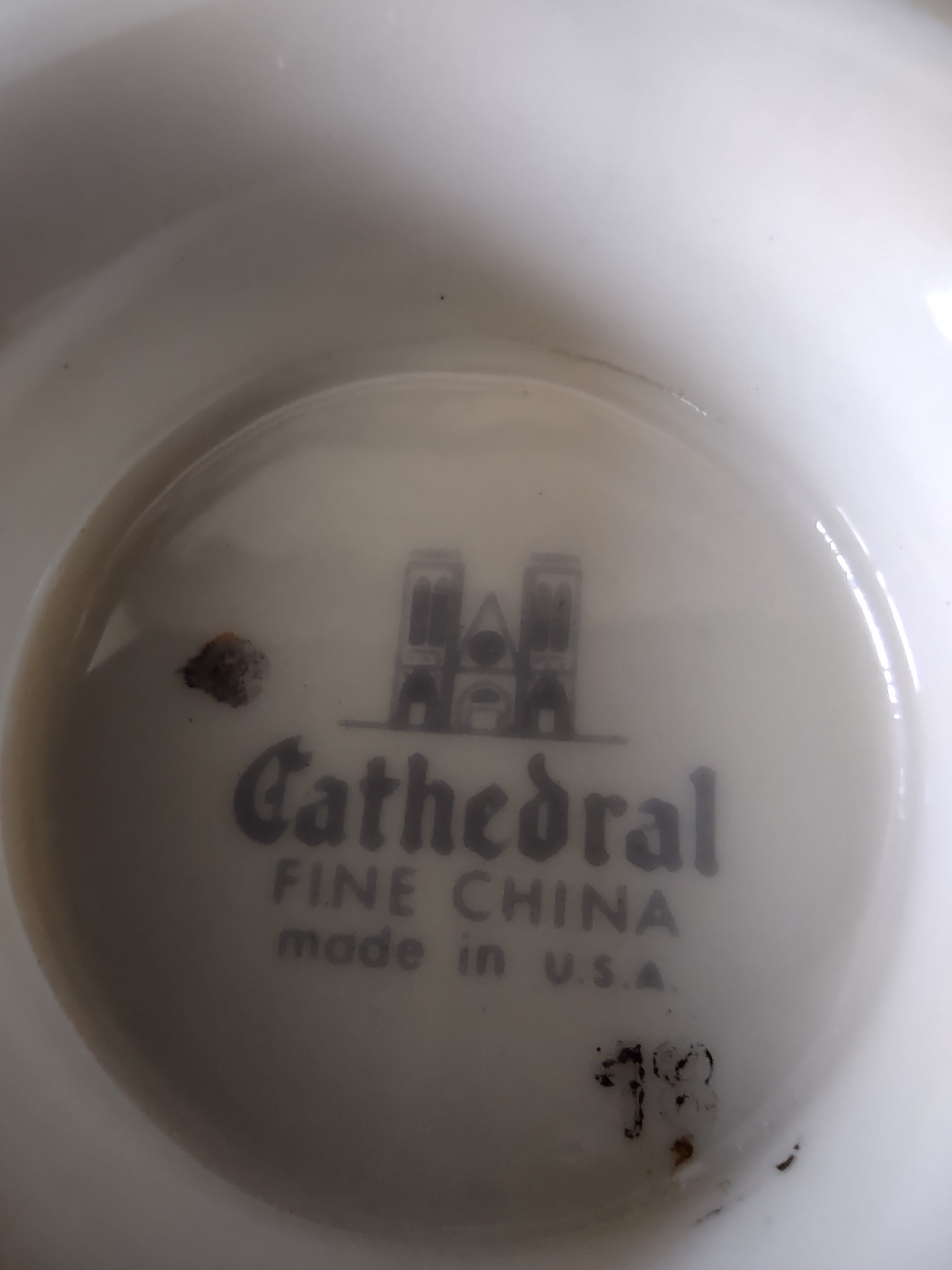Vintage Cathedral Fine China Embossed Rose Platinum Trim Cup [7137] - backstamp closeup