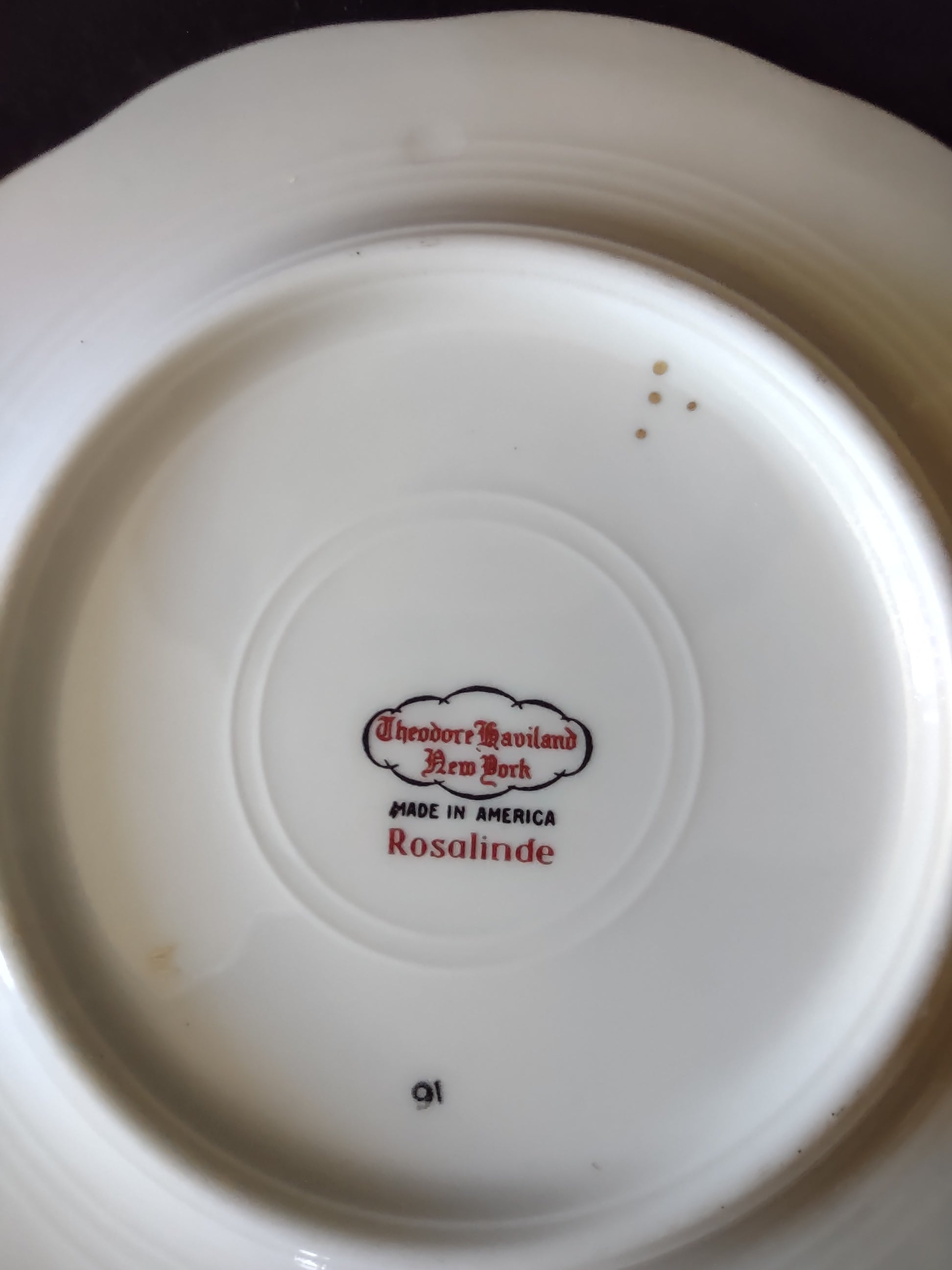 Theodore Haviland Rosalinde plate detail showing floral pattern and platinum inner ring