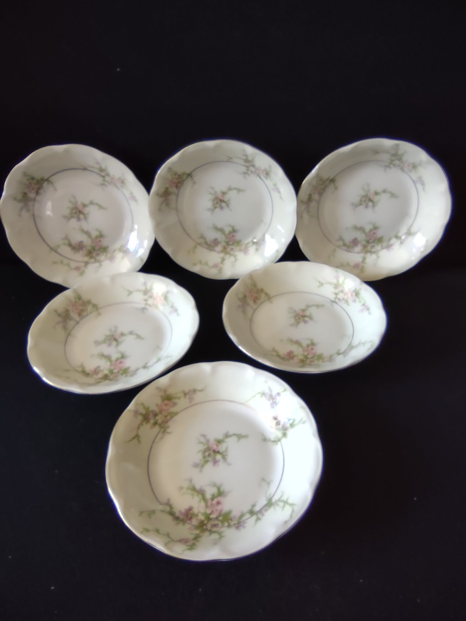 Set of 6 Theodore Haviland Rosalinde berry bowls displayed together