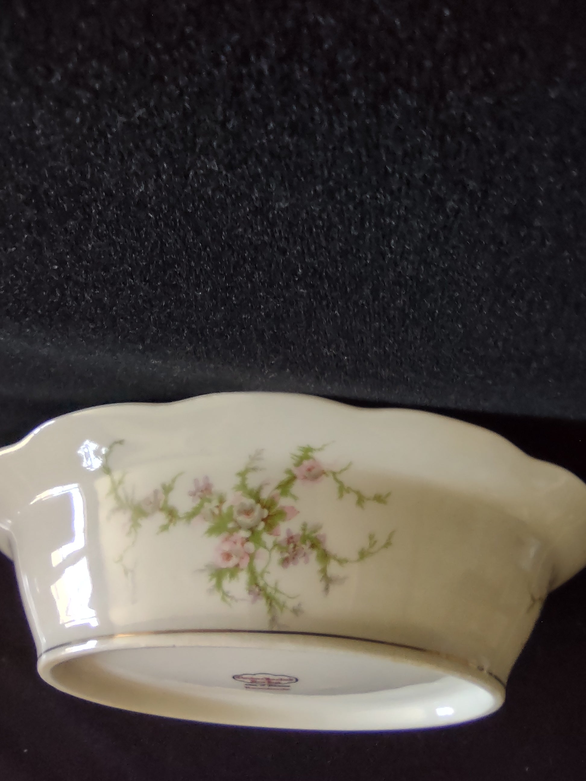 Close-up detail of Theodore Haviland Rosalinde bowl showing hairline crack through inner gold ring