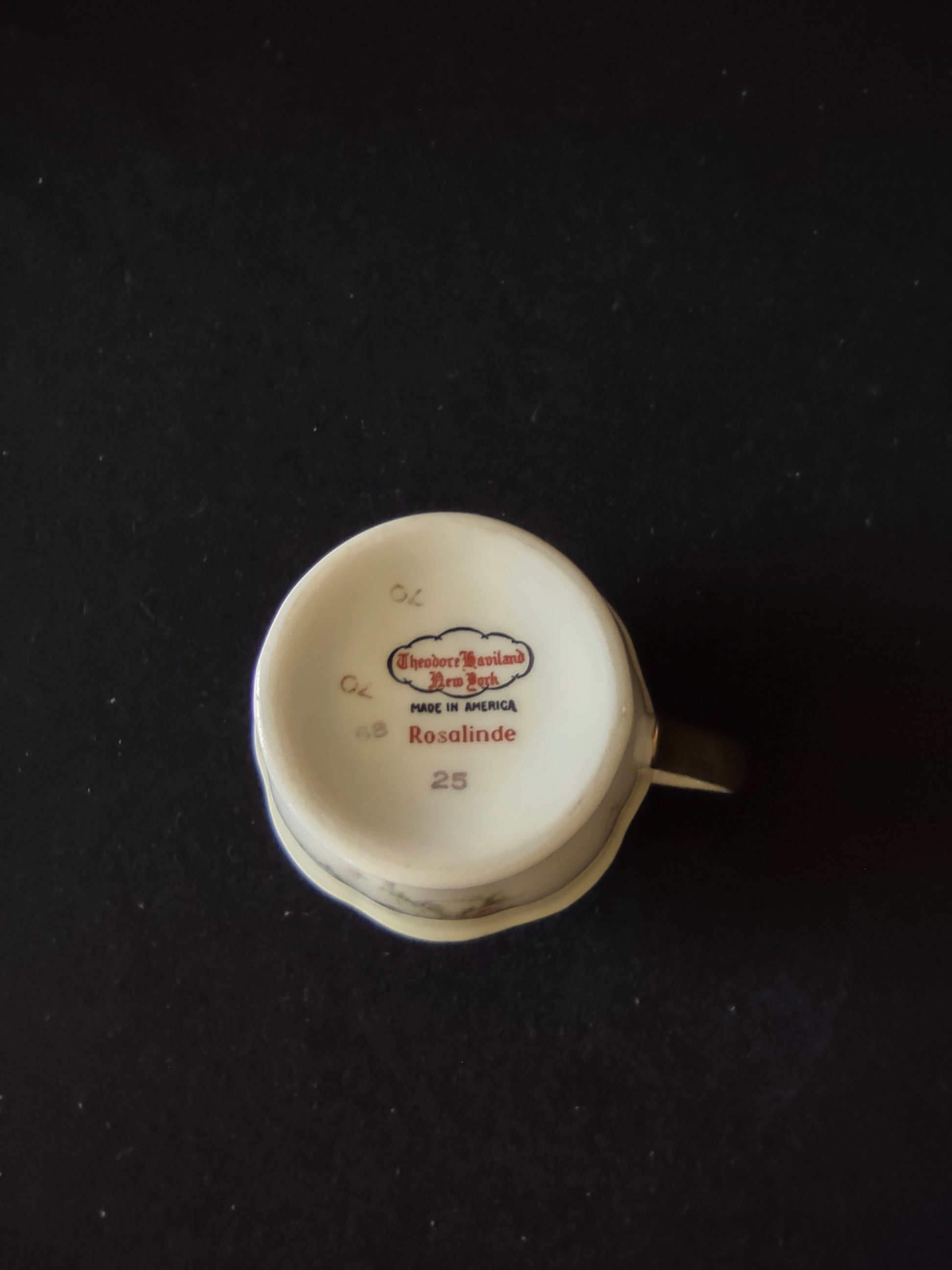 Close-up of Theodore Haviland Rosalinde backstamp reading Made in America Rosalinde 25