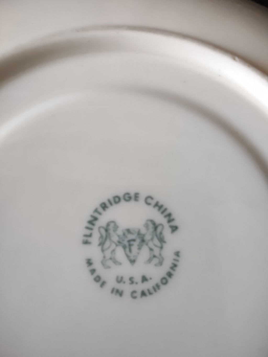 Flintridge China Brown Rose saucer with ruler showing approximately 6 inch diameter