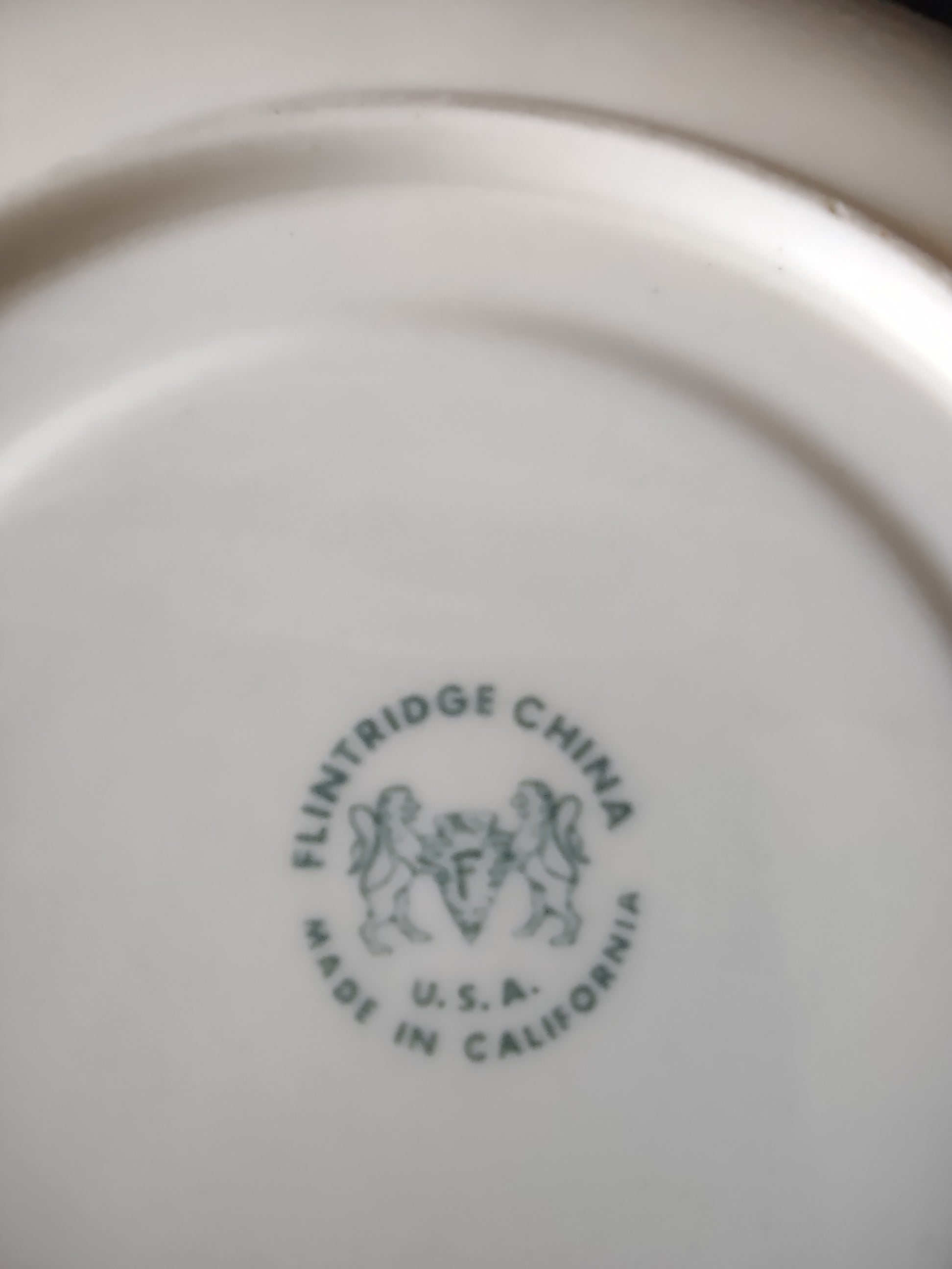 Flintridge China Brown Rose saucer with ruler showing approximately 6 inch diameter