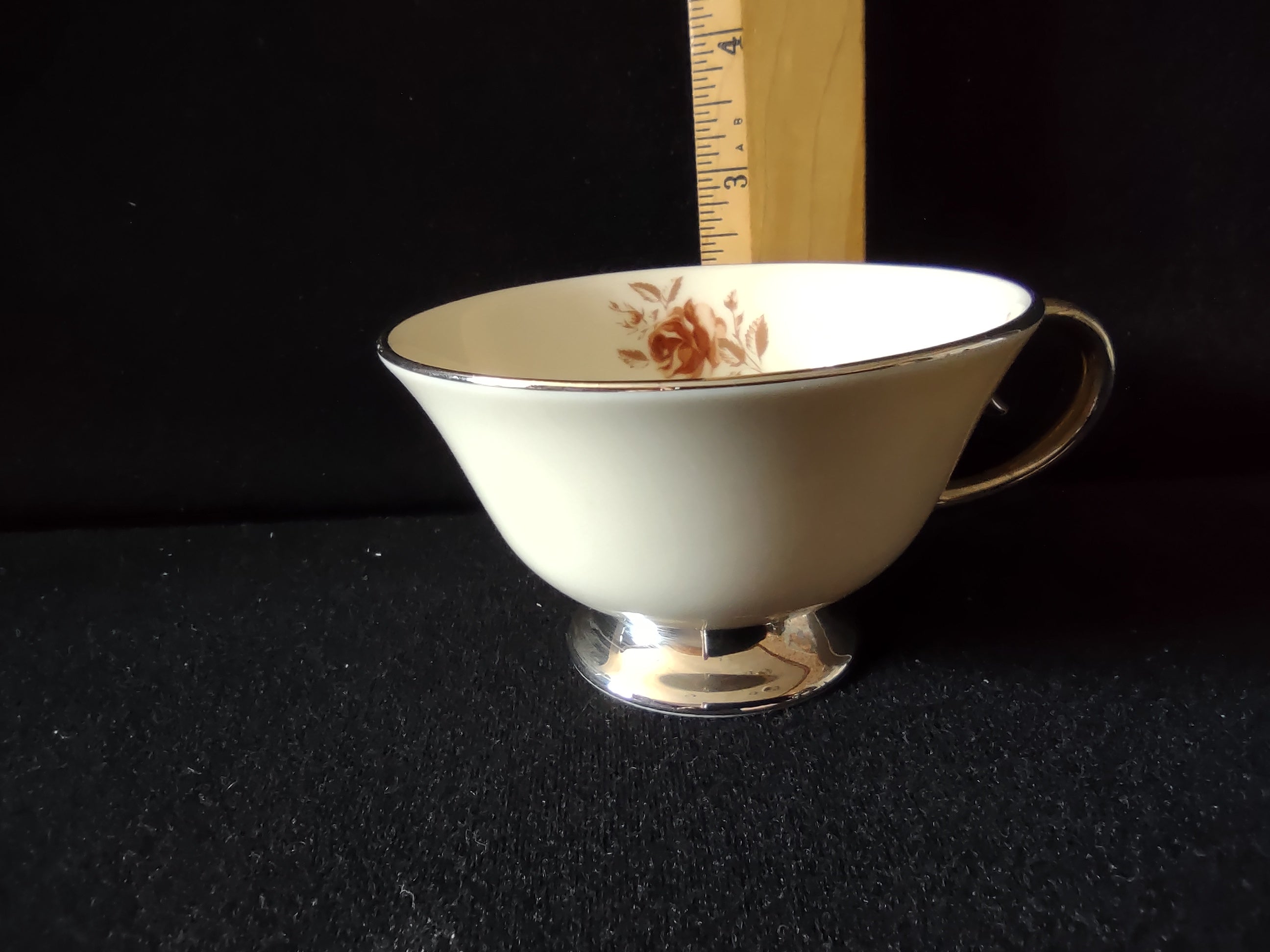 Flintridge China Brown Rose footed cup side view with ruler showing approximately 3 inch height