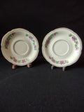 Set of 2 vintage pink rose garland saucers with gold beaded scalloped rim front view