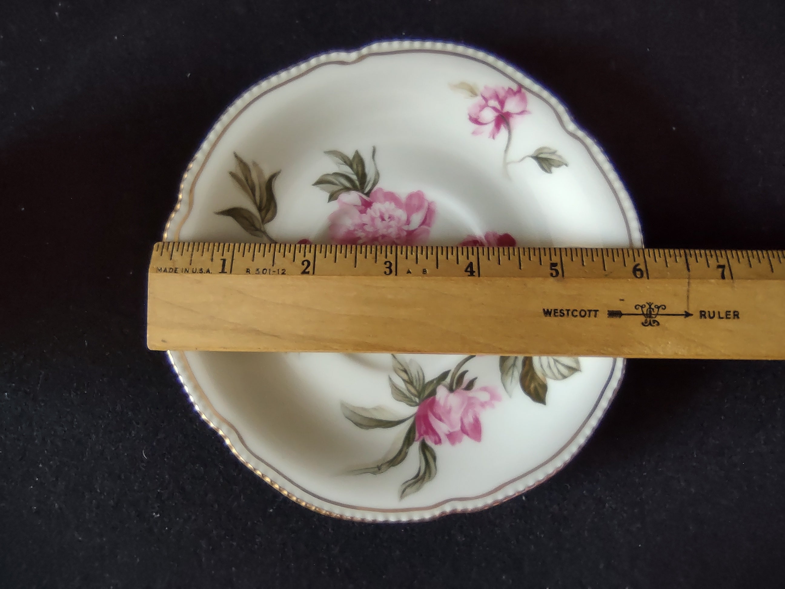 Castleton China Peony saucer with ruler showing approx 6 inch diameter