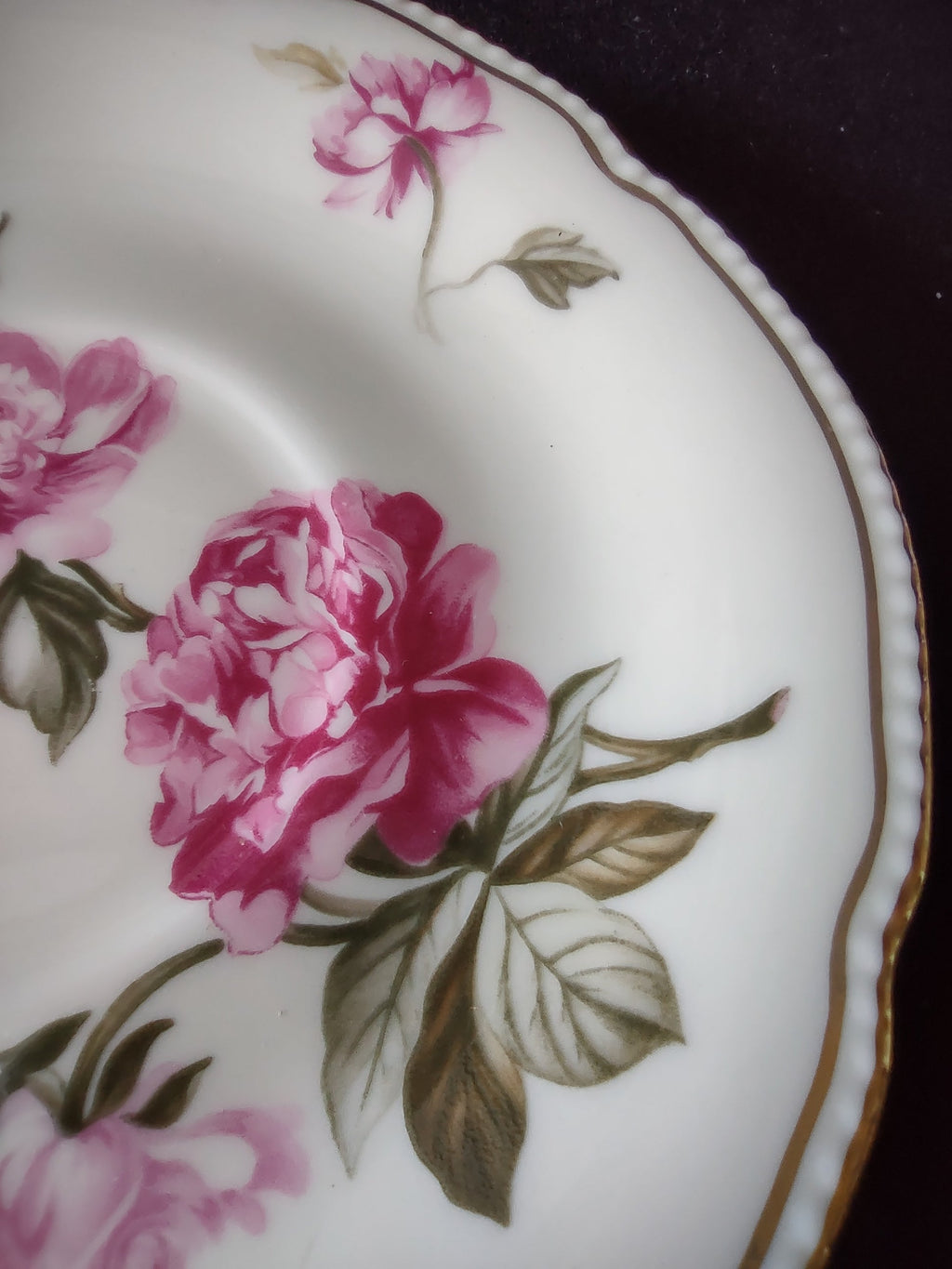 Castleton China Peony saucer close-up of floral pattern