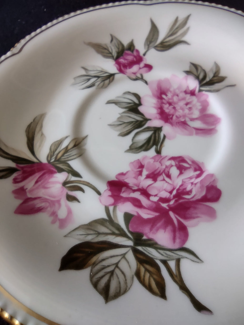 Castleton China Peony saucer close-up of small rose bud detail