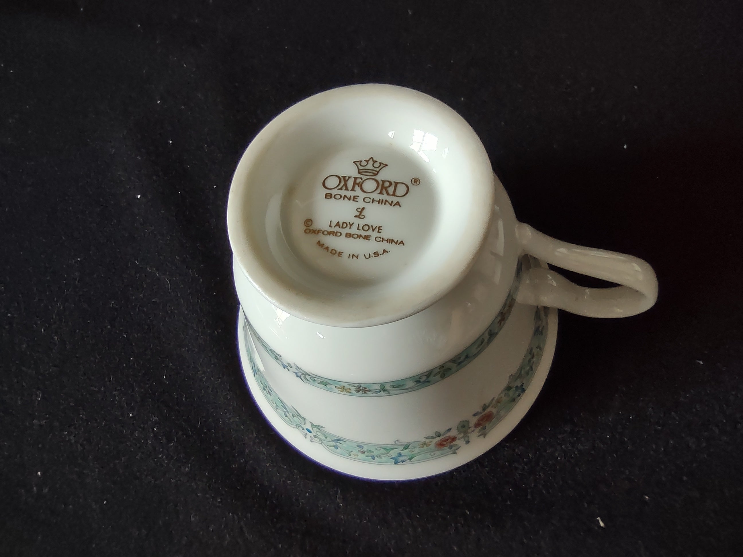Oxford Bone China Lady Love backstamp close-up showing Lady Love Oxford Bone China Made in USA