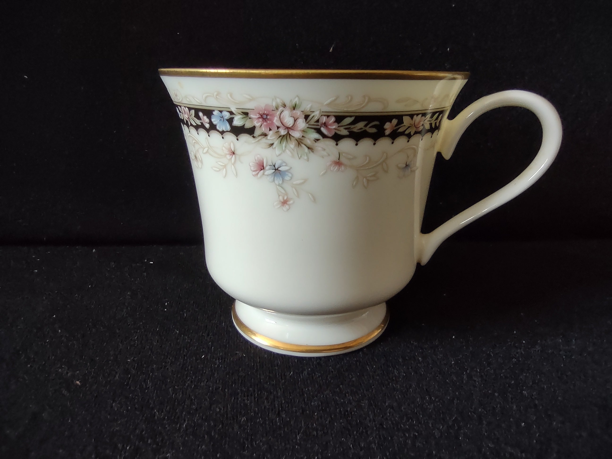 Gorham Nocturne Fine China teacup side view showing black band with pink and blue floral garland
