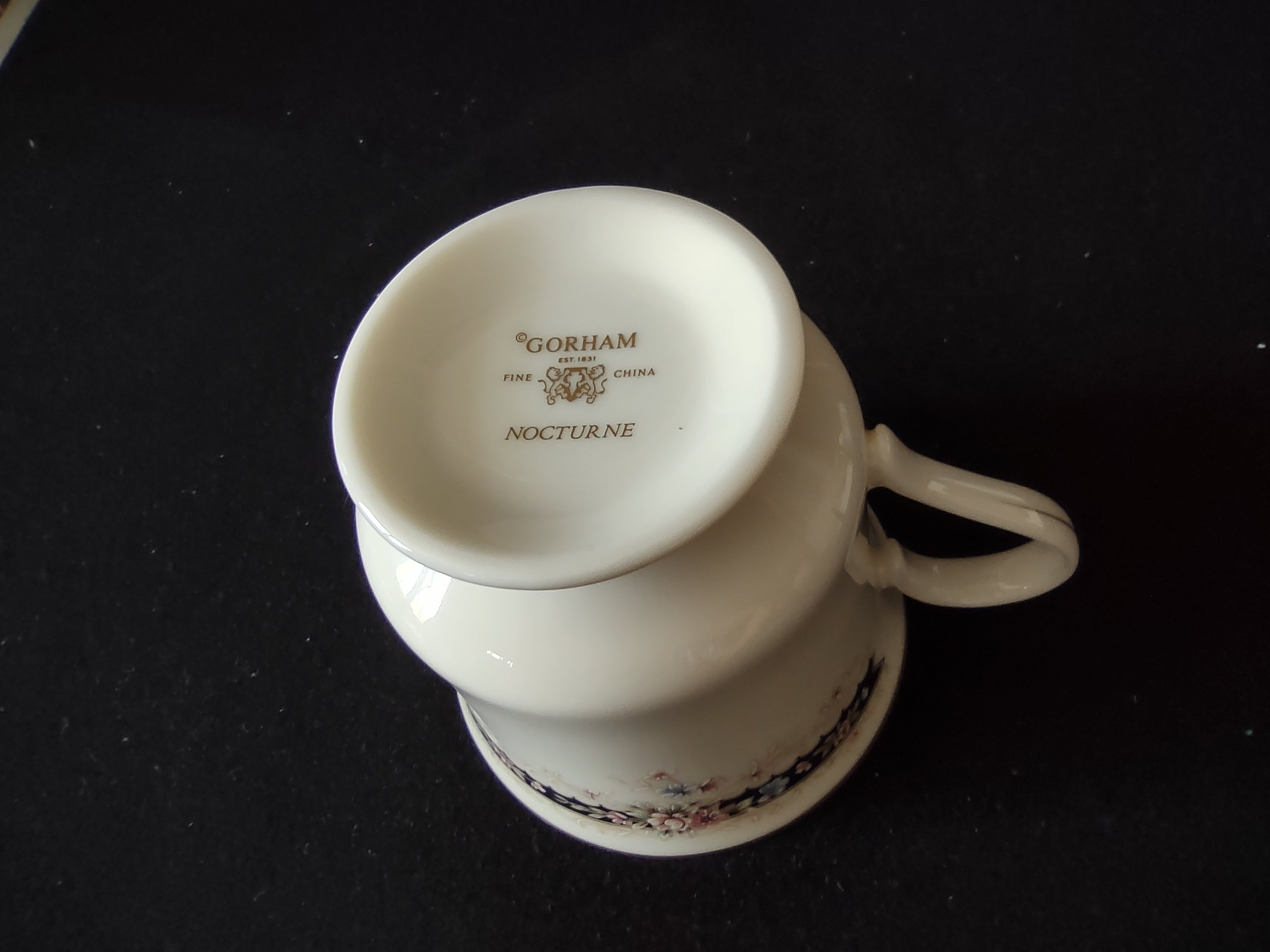 Gorham Nocturne Fine China backstamp close-up showing Gorham Est 1831 Fine China Nocturne