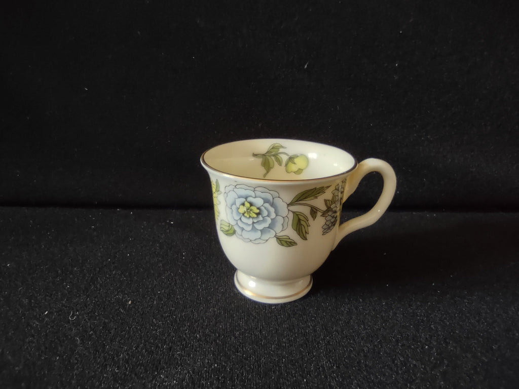 Castleton China blue peony floral teacup side view showing botanical garland pattern