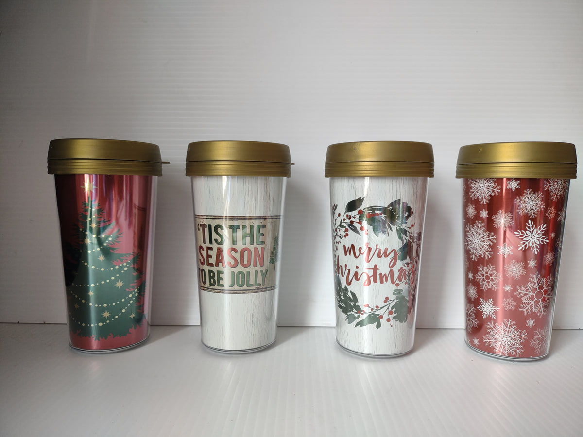 Vintage Christmas Acrylic Travel Mugs Set of 4 Gold Lid Holiday [7241]