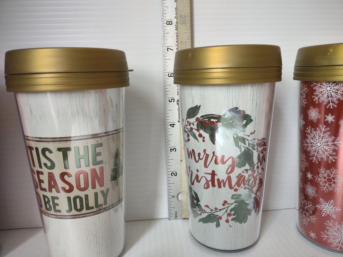 Vintage Christmas Acrylic Travel Mugs Set of 4 Gold Lid Holiday [7241]