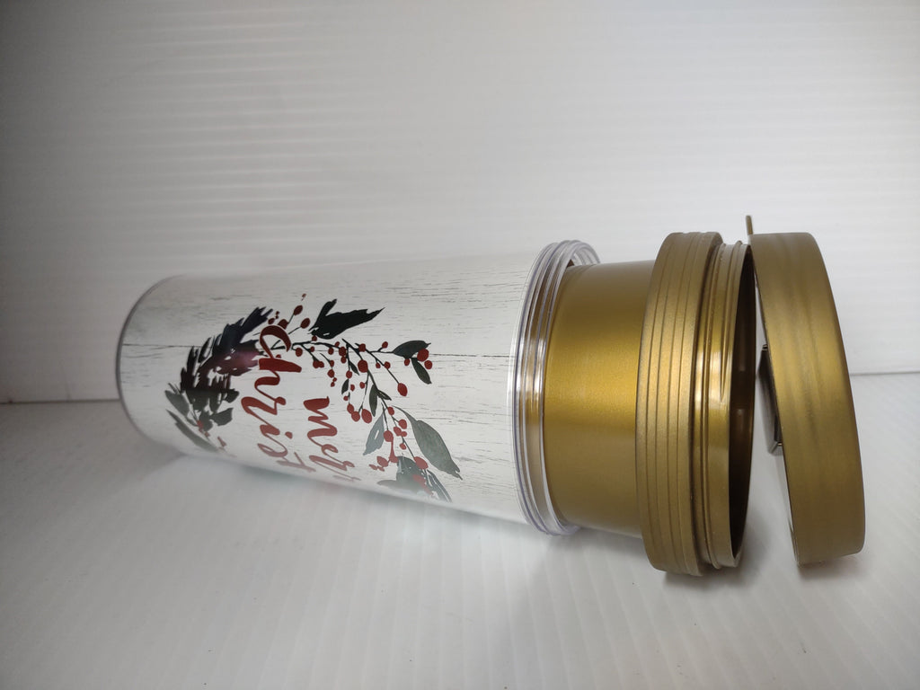 Vintage Christmas acrylic tumbler with Merry Christmas holly wreath design and gold lid shown on side