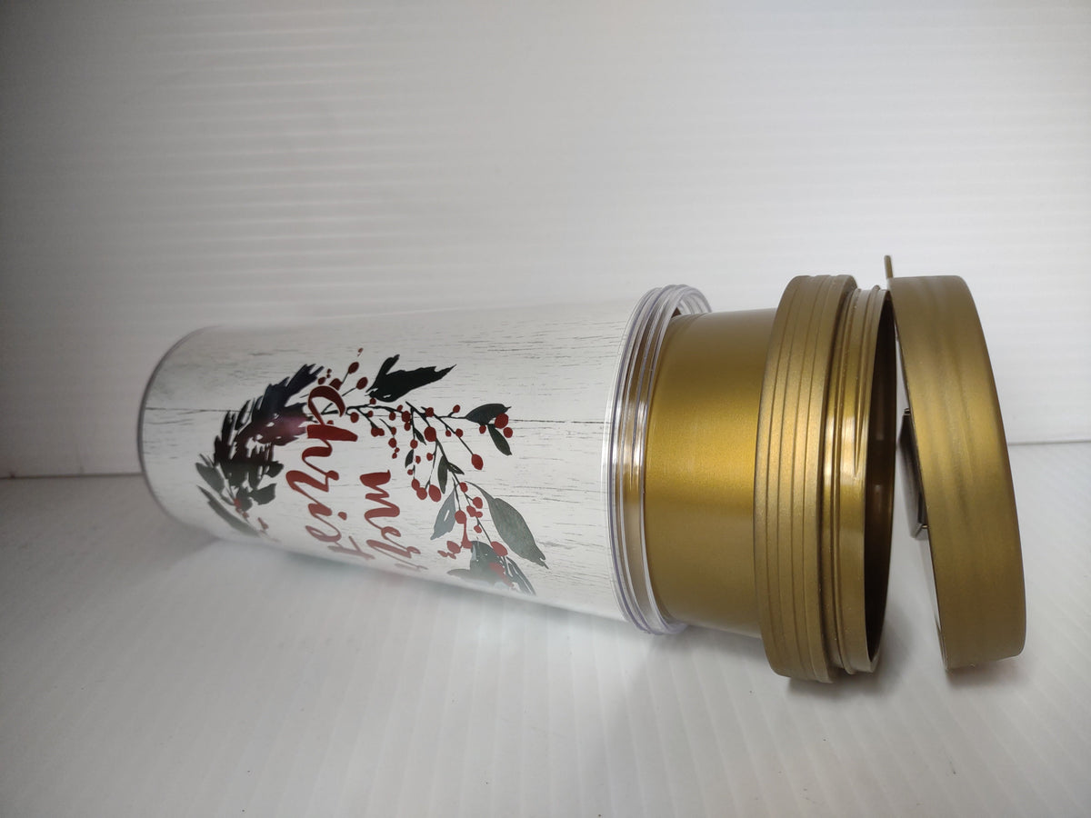 Vintage Christmas acrylic tumbler with Merry Christmas holly wreath design and gold lid shown on side