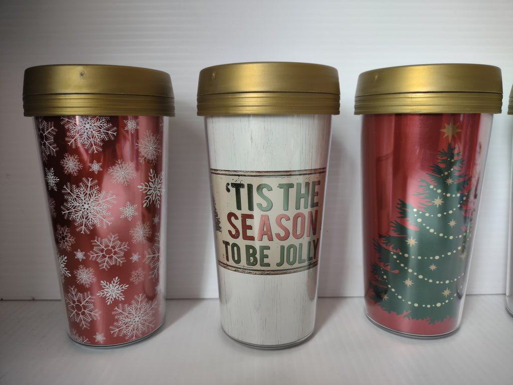 Vintage Christmas Acrylic Travel Mugs Set of 4 Gold Lid Holiday [7241]