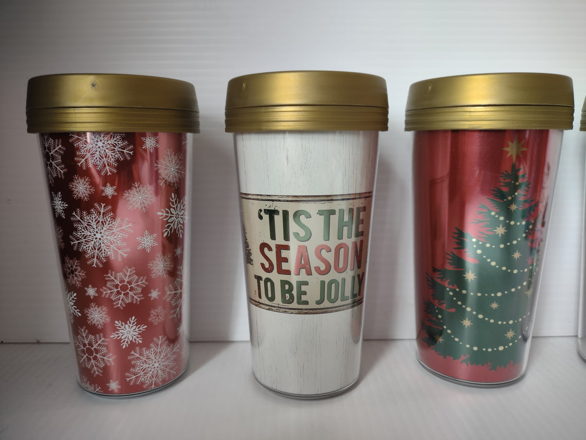Vintage Christmas Acrylic Travel Mugs Set of 4 Gold Lid Holiday [7241]