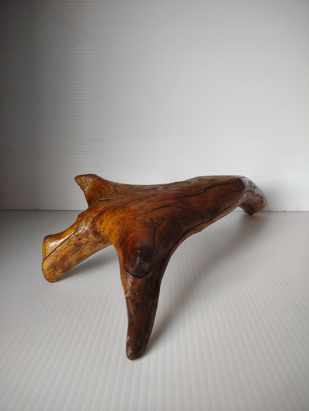 Vintage natural driftwood root sculpture with three legs, honey brown lacquered finish