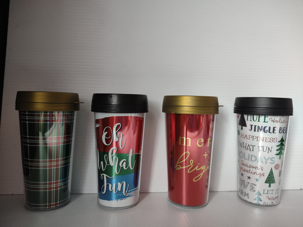 Christmas acrylic travel mug disassembled showing double-wall construction and black screw-top lid