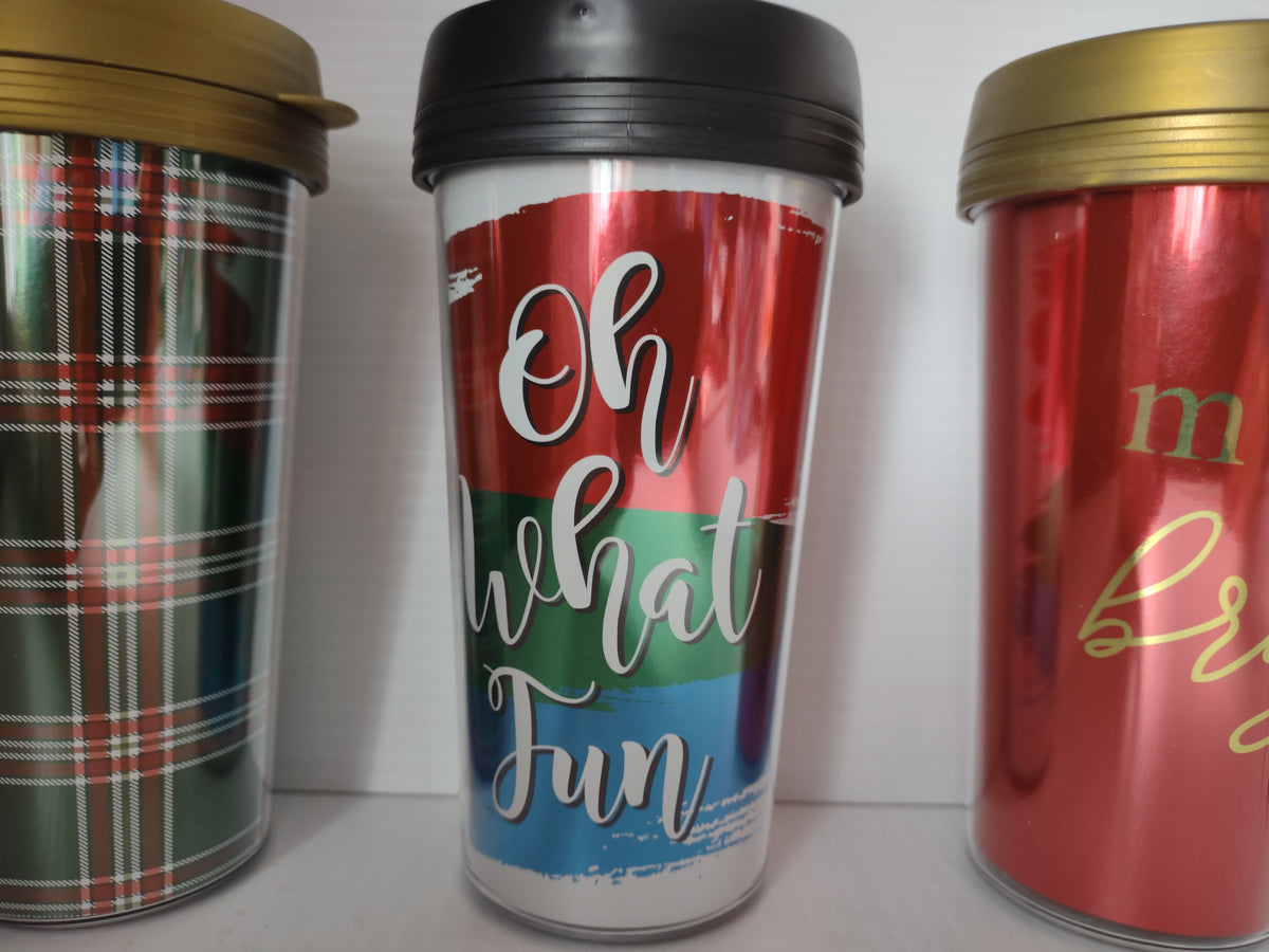 Vintage Christmas Acrylic Travel Mugs Set of 4 Mixed Lids Holiday [7242]