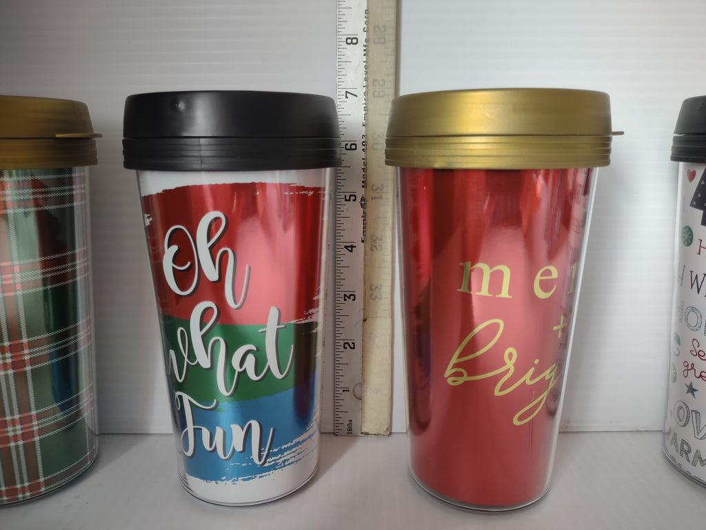Vintage Christmas Acrylic Travel Mugs Set of 4 Mixed Lids Holiday [7242]